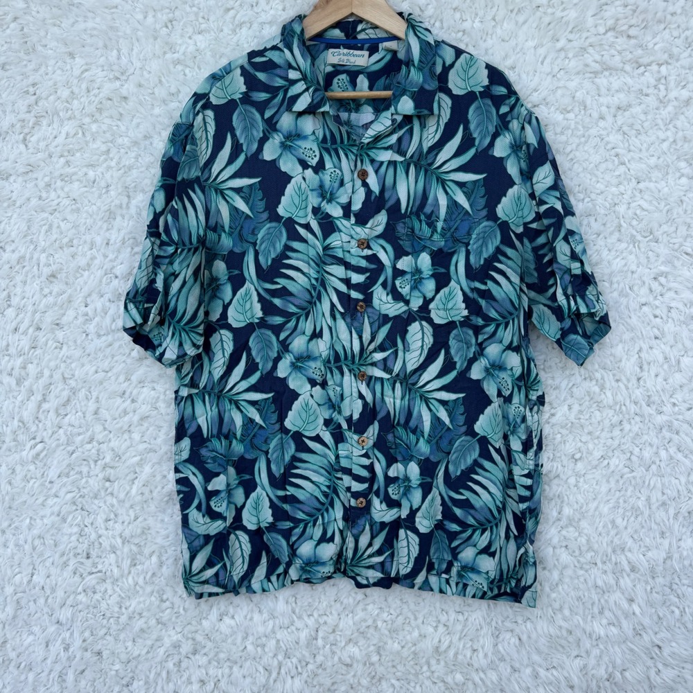 Caribbean Silk Blend XL Mens Hawaiian Shirt Blue Green Leaves‎ Aloha Island Swag